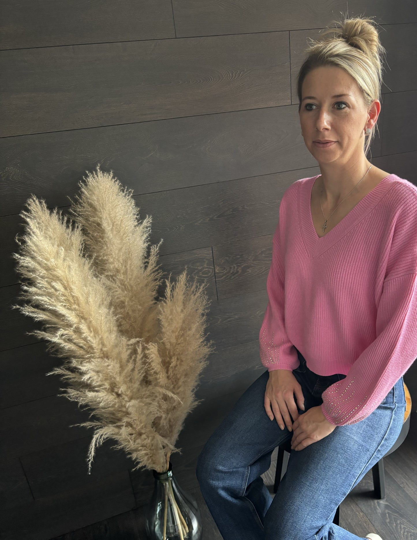 Roze trui met glitter parels